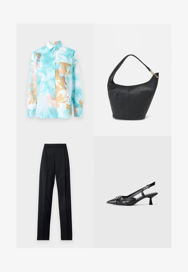 Collared long-sleeve shirt in light blue with abstract floral print in brown and cream. Features a front pocket and button closure.; Black trousers made from smooth fabric featuring a high waist, wide legs, front pleats, and classic belt loops. No side pockets visible.; Black leather slingback shoe with a pointed toe, decorative straps featuring metal eyelets, and a low block heel. Textured surface.; Black leather handbag with a rounded shape, a wide strap, and a textured finish. Features a subtle seam detail and a gold-tone hardware accent.