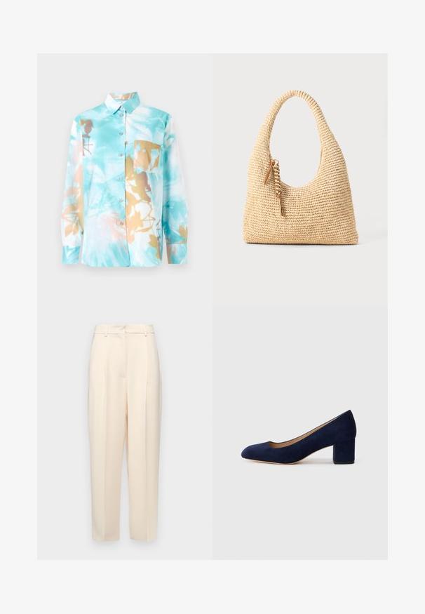 Šviesiai mėlynas, ilgarankovis marškinis su abstrakčiu gėlių raštu rudos ir kreminės spalvų. Yra priekis kišenė ir sagų uždarymas.; Bežinės pritaikytos kelnės su tiesiu kirpimu, su raukšlėmis priekyje, lygia tekstūra ir vidutinio aukščio juosmens. Nematomos kišenės.; Tamsiai mėlynos zomšos bateliai su smailiu nykščiu ir vidutinio aukščio blokiniu kulnu. Lygi tekstūra su subtiliu blizgesiu ir mažas įpjovimas priekyje.; Audimo šviesiai rudos spalvos rankinė su išlenkta rankena, tekstūruotu paviršiumi ir ruda kutu. Yra laisva, hobo forma.