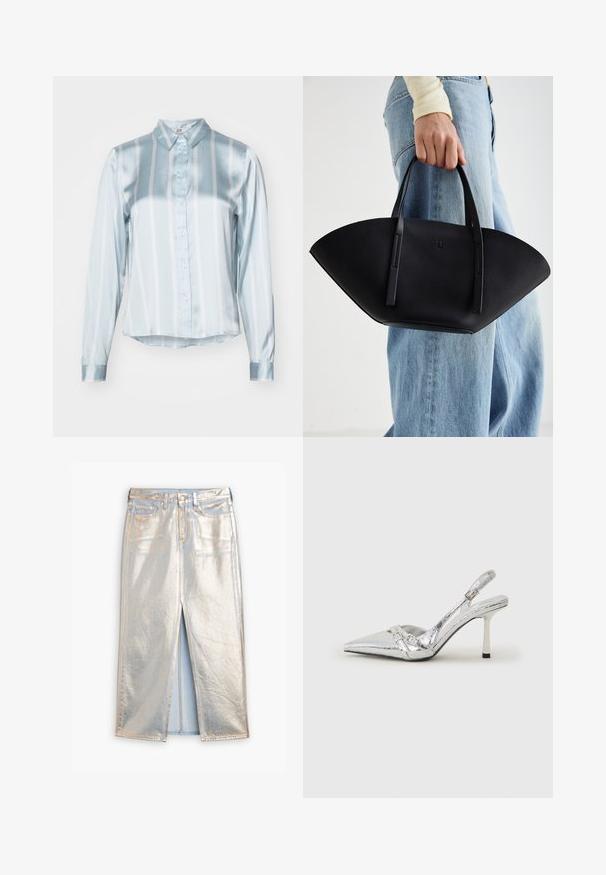 Cămașă cu dungi albastre deschise, din material satinat. Are guler, închidere cu nasturi și mâneci lungi cu manșete netede. Dungi orizontale și verticale.; Fustă din denim metalizat argintie cu slit frontal, două buzunare și închidere cu nasture. Prezintă o textură lucioasă și o cusătură albastră contrastantă.; Pantofii cu toc înalt, argintii, cu vârf ascuțit, finisaj metallic, două curele decorative și un toc subțire cu vârful negru.; Geantă de piele neagră cu o formă unică de evantai, având mânere plate. Suprafața are o textură cu mici granule și un design minimalist.