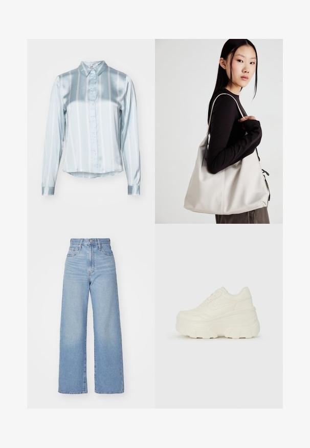 Šviesiai mėlynas dryžuotas marškinis, pagamintas iš satino audinio. Turintis apykaklę, mygtukų priekį ir ilgus rankovės su lygiomis manžetėmis. Horizontalaus ir vertikalaus rašto dryžiai.; Šviesiai mėlynos aukšto liemens plačios kojos džinsai su priekiniais užtrauktukais ir sagom, priekinėmis ir galinėmis kišenėmis, ant baltos fono.; Baltos platformos sportbačiai su lygiu odos primenančiu paviršiumi, apvalia forma, paminkštintu apykakle ir tekstūruotu guminiu padu su ryškiais protektoriais.; Bežinė rankinė, pagaminta iš minkštos medžiagos, turinti laisvą dizainą, siuvinėtas detalės ir dvi petnešos. Tinkama kasdieniam naudojimui.