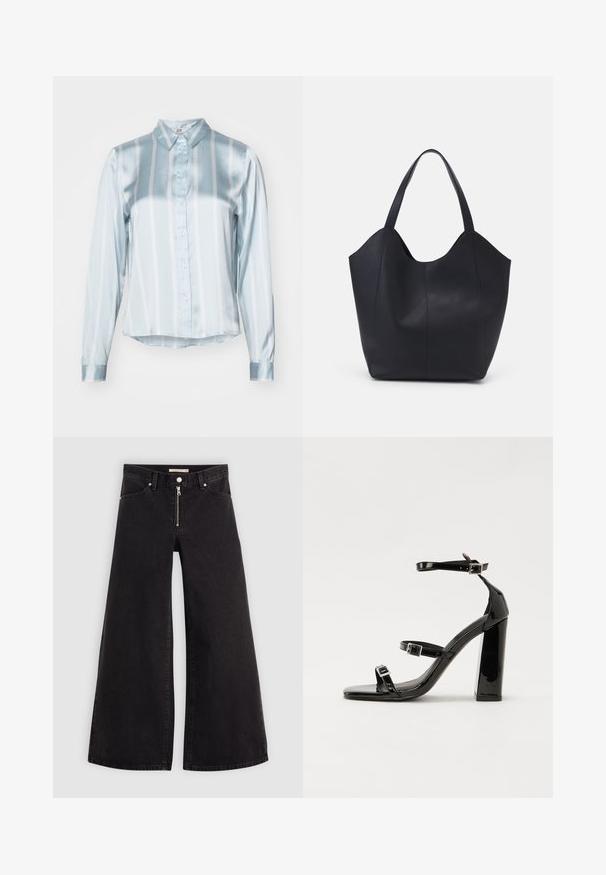 Light blue striped shirt made of satin fabric. Features a collar, button front, and long sleeves with smooth cuffs. Horizontal and vertical stripes.; Wide-leg jeans in black denim with a zippered front, five-pocket design, and subtle stitching details. Smooth texture and casual style.; Black patent heeled sandals with a square toe, ankle straps, and silver buckles. Features a chunky block heel for stability.; Black tote bag made of smooth leather, featuring a curved, open top with two shoulder straps and a minimalist design.