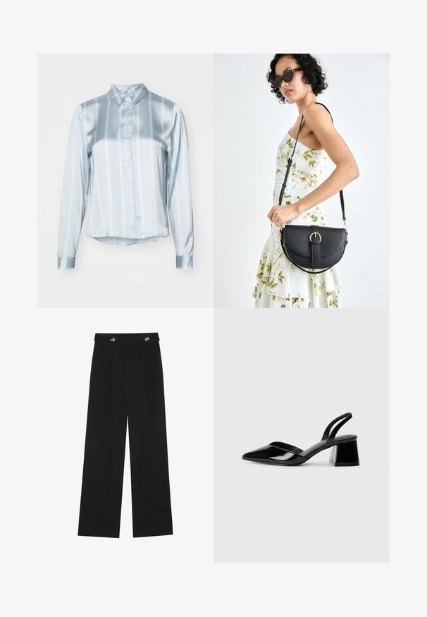 Svetlo modrá pruhovaná košeľa vyrobená z saténovej látky. Obsahuje golier, predné zapínanie na gombíky a dlhé rukávy s hladkými manžetami. Horizontálne a vertikálne pruhy.; Čierne široké nohavice s vysokým pásom, so zapínaním na gombíky na páse a prednými sklady.; Čierne lakované kožené sandálové podpätky s špicatou špičkou a geometrickým blokovým podpätkom. Disponujú elegantným, minimalistickým dizajnom a hladkým povrchom.; Čierna kožená kabelka s zaobleným tvarom, odnímateľným popruhom a zlatými doplnkami. Kabelka má klopu s detailom s prackou.
