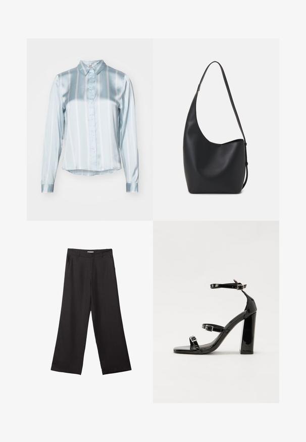 Světle modrá pruhovaná košile vyrobená z saténové látky. Má límeček, zapínání na knoflíky a dlouhé rukávy s hladkými manžetami. Horizontální a vertikální pruhy.; Černé široké kalhoty vyrobené z hladké tkaniny, s předním zipem a dvěma bočními kapsami, s dobře padnoucím střihem a minimalistickým designem.; Černé lakované sandály na podpatku se čtveratou špičkou, lýtkovými pásky a stříbrnými přezkami. Disponují masivním blokovým podpatkem pro stabilitu.; Černá kožená hobo taška s hladkým povrchem, zakřiveným tvarem a jedním nastavitelným popruhem; má široké otevírání nahoře.