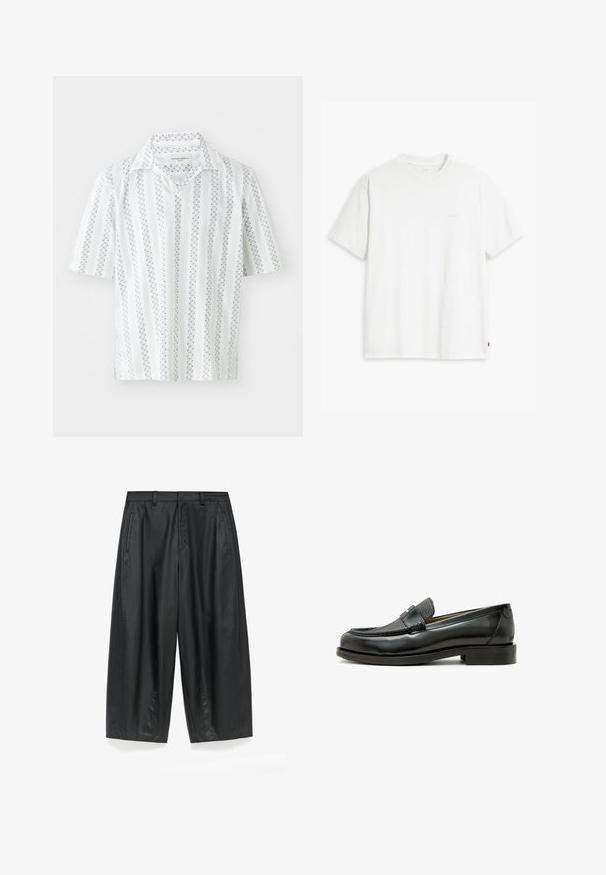 Camicia a maniche corte in tessuto bianco con sottili righe verticali navy e motivi a pois. Caratterizzata da un colletto classico e una vestibilità comoda.; T-shirt bianca in cotone con maniche corte, colletto tondo e logo Levi's discreto stampato al centro. Texture morbida e vestibilità standard.; Pantaloni larghi neri realizzati in un tessuto liscio e opaco. Presentano una vita strutturata, pieghe frontali e tasche laterali.; Mocassino in pelle nera con un accento in pelle nera texture, punta arrotondata e tacco basso a blocco; presenta un dettaglio metallico decorativo.