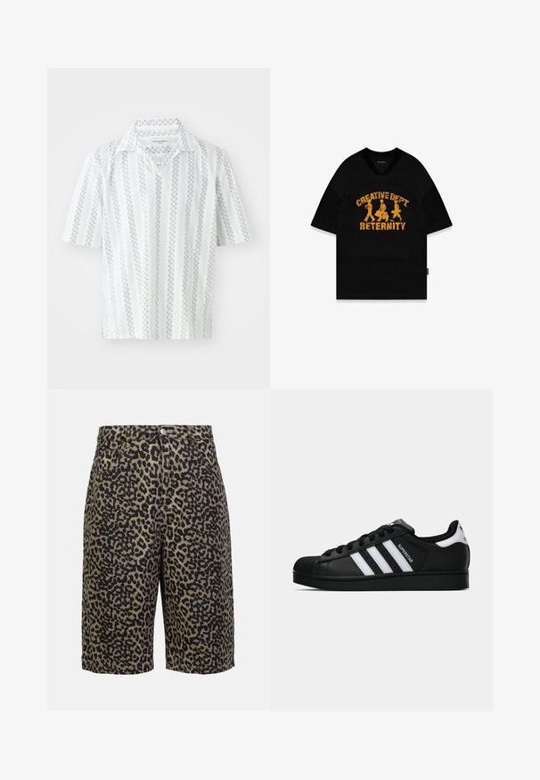 Kortærmet skjorte i hvidt stof med tynde, marineblå lodrette striber og prikkede mønstre. Med en klassisk krave og afslappet pasform.; Sort kortærmet t-shirt med teksten "CREATIVE DEPT RETERNITY" i slidt gul tekst og tre figurer, designet med en mesh-struktur.; Leopardprint denimshorts i jordfarver med knaplukning, fem lommer og en afslappet pasform.; Sort Adidas Superstar sneaker med hvide striber, skaletå og "Superstar"-tekst på siden, vist i sideprofil på hvid baggrund.