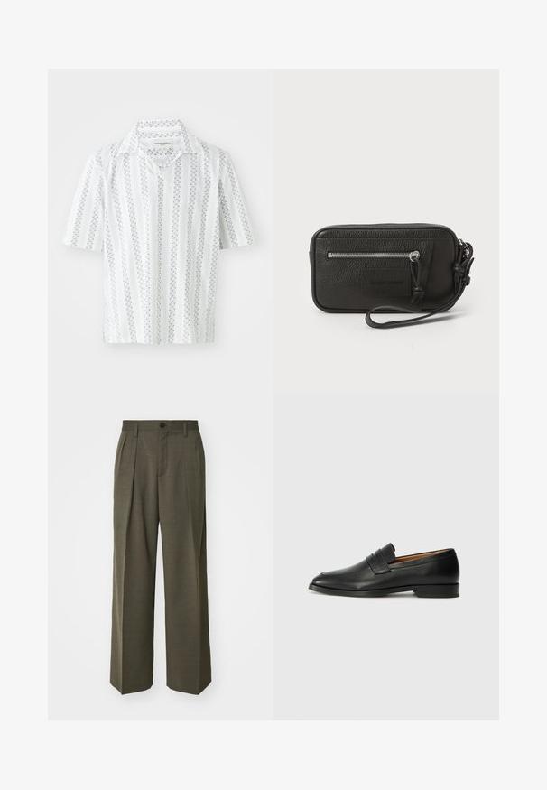 Chemise à manches courtes en tissu blanc avec de fines rayures verticales bleu marine et des motifs à pois. Dotée d'un col classique et d'une coupe décontractée.; Filippa K WIDE TROUSERS - Pantalon classique - driftwood; Mocassin en cuir noir avec un bout arrondi, des coutures subtiles et un talon bas, présentant une texture lisse et un design minimaliste.; Pochette en cuir noir avec surface texturée, poche zippée à l'avant et poignée amovible. Présente un patch logo sur le devant. Forme rectangulaire.