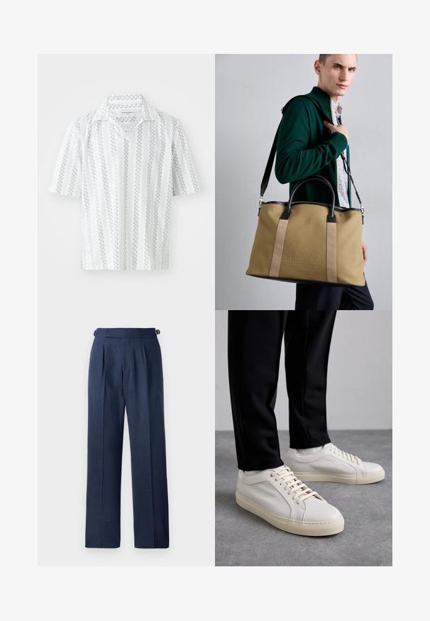 Rövid ujjú ing fehér anyagból, vékony sötétkék függőleges csíkokkal és pöttyös mintákkal. Klasszikus gallérral és laza fitten készül.; Sötétkék, szabott nadrág, texturált anyagból készült, magas derékkal, redőkkel és állítható oldalszíjakkal a megfelelő illeszkedés érdekében.; Világos bézs bőr sportcipő lapos fűzőkkel, texturált felülettel és kontrasztos krémszínű gumitalppal, fekete irodai nadrággal párosítva.; Beige vászon táska sötét bőr részletekkel, dupla fogantyúval és levehető vállpánttal; dombornyomott logó a fronton.