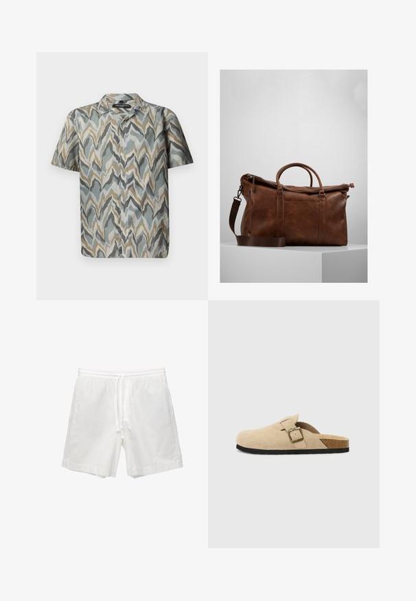 Korte mouwen shirt met een golvend patroon in tinten teal, grijs, beige en goud. Gemaakt van lichtgewicht stof met een knoopsclosure aan de voorkant.; Witte katoenen shorts met een elastische tailleband met trekkoord, zijzakken en een rechte snit met afgewerkte zomen.; Beige suède instapklompen met een kurken voetbed, een ronde teen en een eenvoudige band met een goudkleurige gesp. Rubberen zool voor grip.; Bruine leren sporttas met een ritssluiting, dubbele handvaten, een verstelbare schouderband en zichtbare textuurpatronen op het oppervlak.