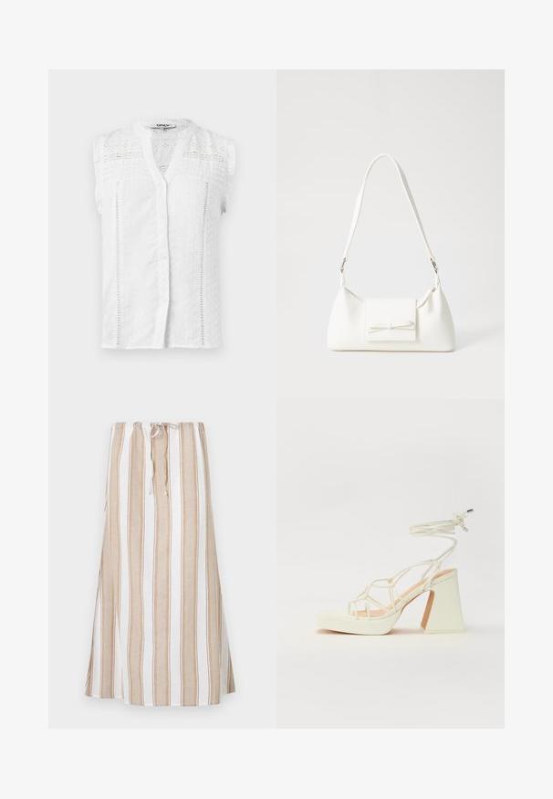 Valkoinen ilman hihoja oleva pusero, jossa on nappi etusivulla, tekstuuri kangasta, pitsikoristeita ja röyhelöitä hartioilla. Ominaisuuksiin kuuluu klassinen kaulus ja hienot kuviot.; Raidallinen hame valkoisena ja vaaleanruskeana, jossa on nyörikiinnitys vyötäröllä ja pitkä, valuva muoto. Valmistettu kevyestä kankaasta, joka on rento istuvuus.; Valkoinen korkokenkä, jossa on paksu korko, ja joka sisältää nauhakiinnityksen ja nilkkaketjun. Sujuva pinta, jossa on platform-etupohja lisäkorkeutta varten.; Valkoinen synteettinen käsilaukku, jossa on kolmikulmainen muoto, tasainen etu läppä ja nauhadetail, säädettävä olkahihna, sileä rakenne ja minimalinen muotoilu.