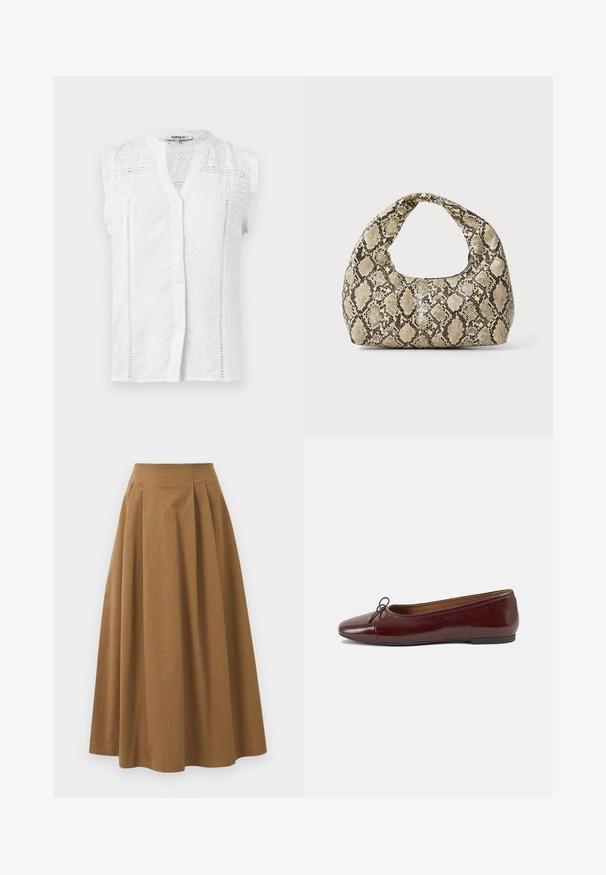 Weiße ärmellose Bluse mit Knopfverschluss, strukturiertem Stoff, Spitzenakzenten und Rüschen an den Schultern. Verfügt über einen klassischen Kragen und zarte Muster.; Brauner Baumwoll-A-Linien-Rock mit hoher Taille, der vorne Falten aufweist und eine glatte Textur hat. Der Saum ist sauber und einfach verarbeitet.; Burgunderfarbenes, lackiertes Ballettschuh mit abgerundetem Zehenbereich, kleiner Schleifenakzent vorne und einer niedrigen, schwarzen Gummisohle. Glatte Textur.; Schlangenmuster-Tasche mit einem gebogenen Griff. Hergestellt aus strukturierten, beige- und braunfarbenen Materialien, die ein markantes Diamantmuster aufweisen.