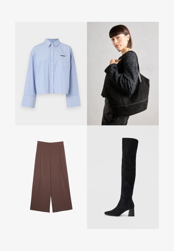 Cropped button-up shirt in light blue with white vertical stripes, featuring a pocket and logo on the chest, made of a smooth fabric.; Brown wide-leg trousers with a smooth texture, featuring a high waist and front pleats. The fabric is lightweight and flows loosely.; Black suede knee-high boot with block heel, pointed toe, and smooth, seamless design on a plain light background.; Black suede tote bag with a smooth texture, structured shape, and contrasting stitching. Features long straps for shoulder carry.