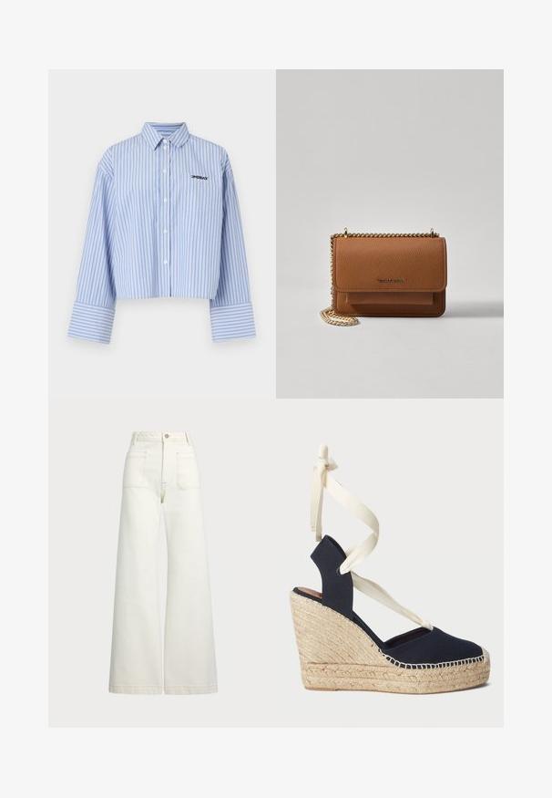 Przycięta koszula z guzikami w jasnoniebieskim kolorze w białe pionowe paski, z kieszonką i logo na piersi, wykonana z gładkiego materiału.; Spodnie dżinsowe o szerokich nogawkach w odcieniu off-white. Wysoki stan z zapięciem na guzik, dwiema kieszeniami z przodu i detalami z kontrastowym przeszyciem.; Granatowe sandały na koturnie z płóciennym wierzchem, z plecioną podeszwą z juty i kremowymi wstążkami wiązanymi wokół kostki. Zapięty tył i okrągły czubek.; Brązowa skórzana torba na ramię z teksturą, z złotym łańcuszkiem i zapięciem na klapkę. Z przodu znajduje się detal z logo oraz kieszeń pod klapką.