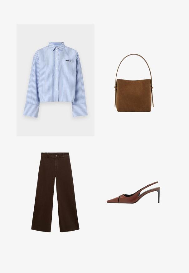 Cropped button-up shirt in light blue with white vertical stripes, featuring a pocket and logo on the chest, made of a smooth fabric.; Brown wide-leg trousers in cotton blend, featuring a frayed hem, front button closure, and classic five-pocket design. Minimalistic and versatile.; Brown leather slingback heel with a pointed toe, cutout detail at the vamp, and a sleek stiletto heel. Smooth texture.; Mango Handbag - brown
