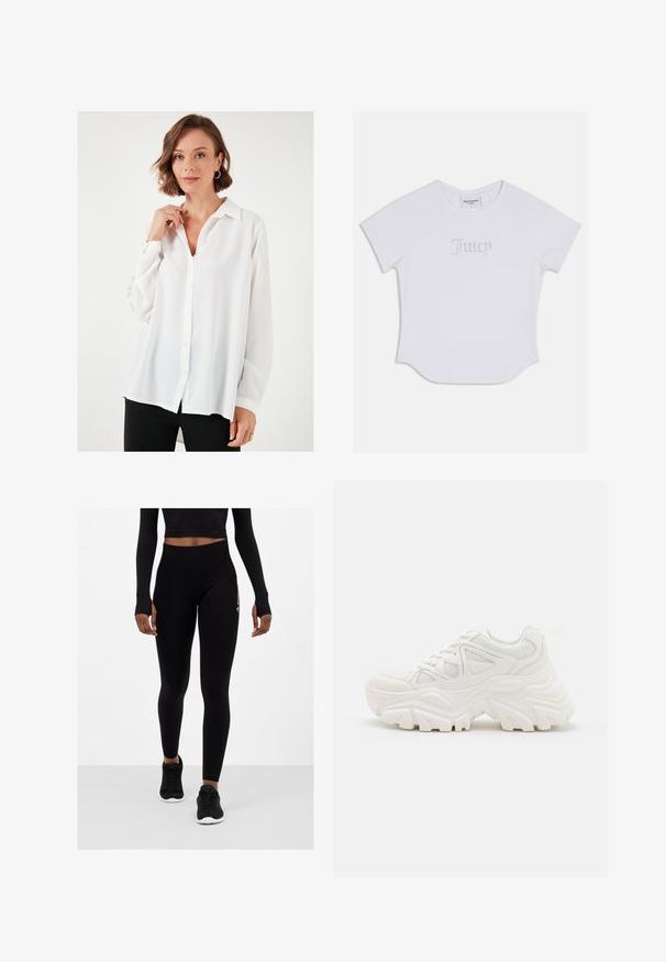 Kobieta z krótkimi falującymi włosami, nosząca złote kolczyki w kształcie kół oraz luźną białą koszulę z guzikami w połączeniu z czarnymi spodniami, stojąca na białym tle.; Biała koszulka z krótkim rękawem o zaokrąglonym dole, z napisem "Juicy" ozdobionym kryształkami z przodu. Wykonana z miękkiej bawełny.; Czarne legginsy z wysokim stanem, teksturowana tkanina i dopasowany krój, zestawione z czarnymi butami sportowymi. Górna część ciała częściowo zakryta crop topem.; Białe, masywne sneakersy z teksturowaną cholewką, panelami z siateczki i grubymi gumowymi podeszwami o wyraźnym wzorze bieżnika. W zestawie sznurówki i pętla do zakupu.