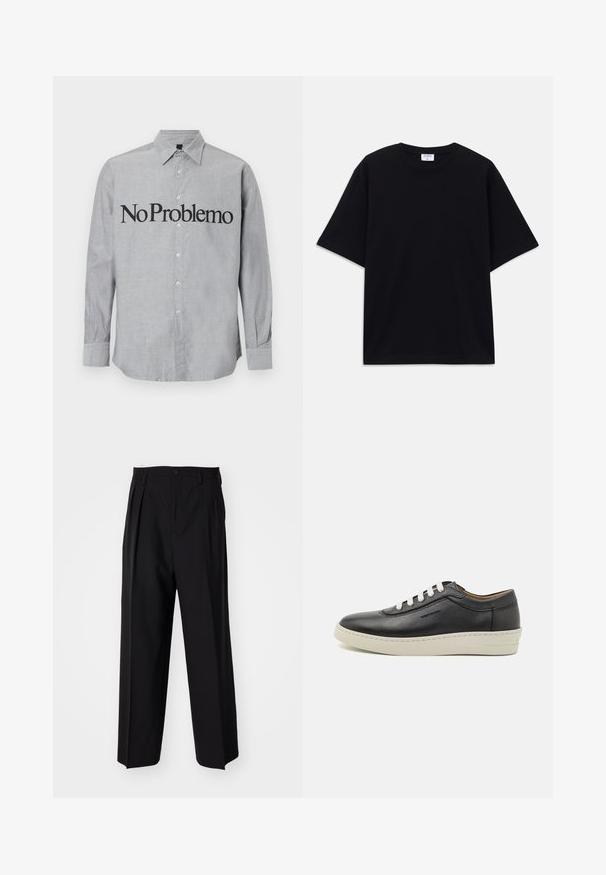 Pelēks pogu krekls ar apkakli, garām piedurknēm un uzdrukātu "No Problemo" lielos melnos burtiem priekšpusē. Gluda, viegla auduma.; Melns īsām piedurknēm oversize T-krekls ar apaļu kakla izgriezumu un redzamu Filippa K zīmola birku iekškaklā.; Melnas plisētās bikses ar taisnu, plata kāja dizainu. Izgatavotas no gludas auduma, ar pogu aizdari un jostas cilpiņām.; Melnas ādas sporta apavi ar baltu gumijas zoli, noapaļotu pirkstu un plakanām saites, ar sānu šuvēm un diskrētu zīmolu.