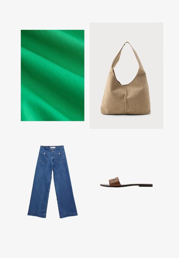 Jasně zelená tkanina s hladkou texturou, která má jemné sklady a subtilní lesk, se vyznačuje jednotnou barvou bez vzorů nebo akcentů.; Džínové kalhoty širokého střihu s středně modrým omakem, dvěma předními kapsami se zapínáním na knoflíky a prošíváním podél lemů.; Hnědé kožené skluzné sandály s plochou podrážkou, které mají široký pásek a bílé geometrické akcenty pro minimalistický design.; Taška hobo v měkké béžové semišové kůži s uvolněným tvarem, širokým ramenním popruhem a ručně šitým švem na přední straně.