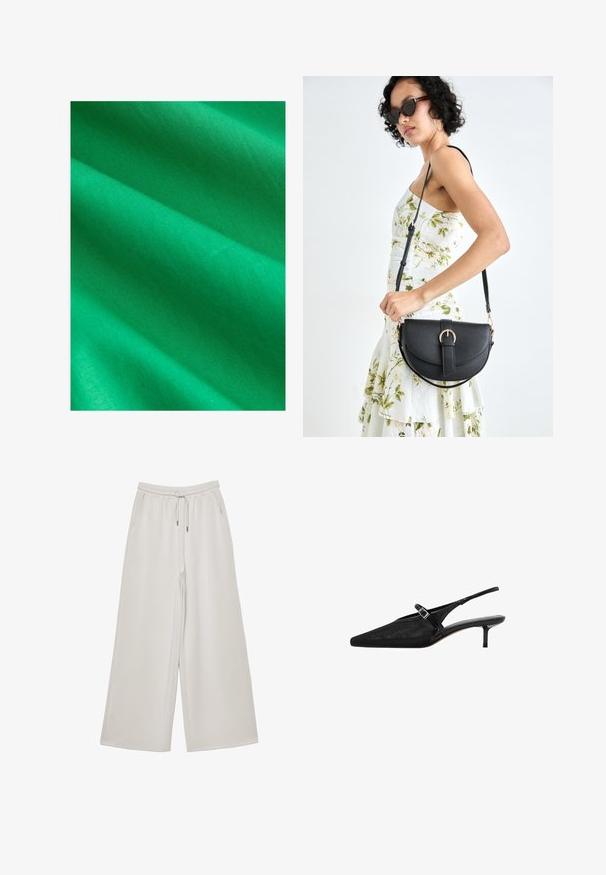 Felgroene stof met een gladde textuur, met zachte plooien en een subtiele glans, die een uniforme kleur zonder patronen of accenten toont.; Lichtgrijze wijde broek van zacht materiaal met een elastische tailleband, verstelbaar koord en zijzakken. Gladde structuur aan de hele broek.; Zwarte slingback hakken met puntige neuzen, een gestructureerde mesh bovenkant, slanke verstelbare band met zilveren gesp en 5 cm stiletto hakken.; Zwarte leren handtas met een gebogen vorm, afneembare schouderband en gouden hardware. De tas heeft een klep met een gespsluiting.