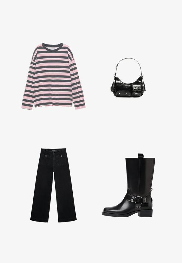 Dlouhý rukáv s horizontálními pruhy v šedé, růžové a bílé barvě. Měkká tkanina, kulatý výstřih a volný střih.; Černé široké džíny s vysokým pasem, obsahující dvě přední kapsy a kovové knoflíkové detaily. Látka má hladkou texturu.; Černá kožená vysoká bunda s špičatou špičkou, stříbrnými sponami a robustní podešví. Obsahuje poutko pro snadné obutí.; Černá lakovaná kožená kabelka s křivkovým tvarem, jedním ramenním popruhem, předními kapsami a stříbrnými kovovými detaily.