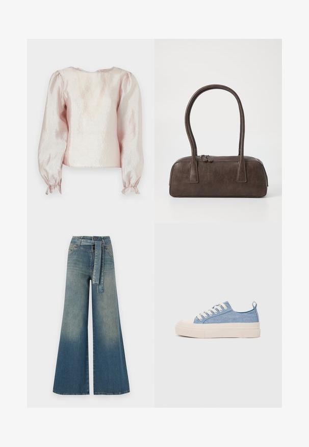 Kortermet topp i skimrende lys rosa stoff, med rund halsutskjæring, puffede ermer og rynkede mansjetter med bånd.; Bredde ben jeans med en lyseblå til mørkeblå gradient, høyt liv, beltehemper og et matchende belte i samme stoff. Teksturert denimoverflate.; Lys blå canvastøfler med en kremfarget gummitupp og yttersåle, med hvite snørebånd og en løfteløkke på hælen.; Brun lærveske med to robuste håndtak, rektangulær form, jevn tekstur og glidelås. Minimalistisk design uten synlige mønstre.