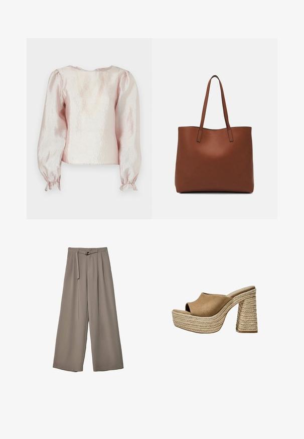 Kratka majica s kratkimi rokavi v bleščečem svetlo roza materialu, z okroglo izrezom, naborki na rokavih in z nabranimi manšetami s trakovi.; Široke hlače iz mehke, umirjene sive tkanine, z pasom, ki ga je mogoče zavezati, in z gubami za dodatne oblikovne podrobnosti. Gladka tekstura, brez vzorcev.; Rjave zamšaste platforme mule z odprtim prstom, ki imajo masiven pleteni juten peto in gladko, zaobljeno zgornjo zasnovo.; Rjava usnjena torba z gladko teksturo, odprto zasnovo zgoraj in dvema naramnima trakovoma. Opremljena je z minimalnim šivanjem in brez vidnih kovinskih delov.