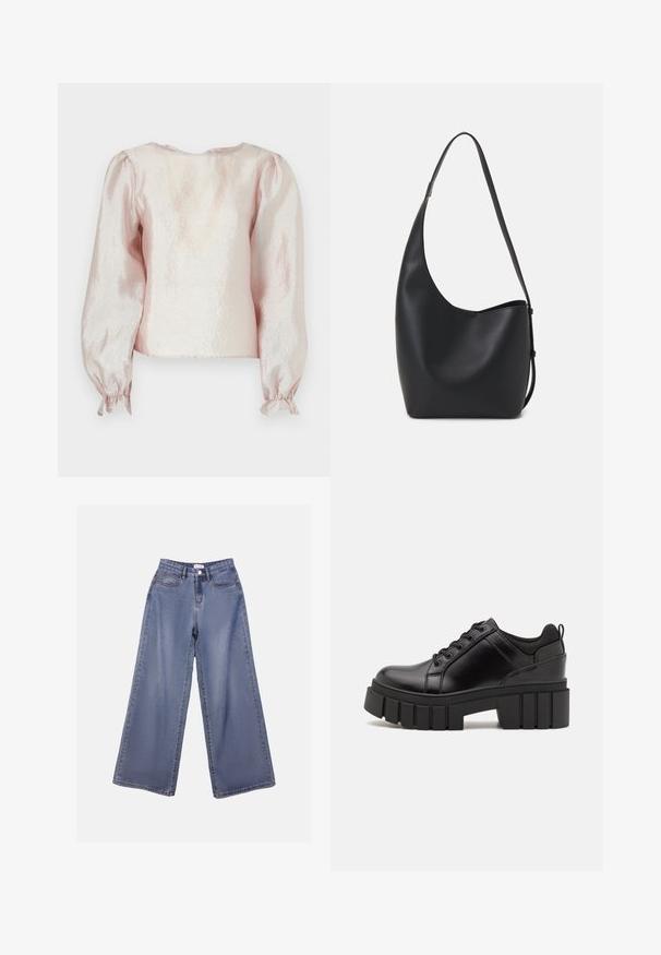 Lühikeste varrukatega tee säravas helesinises kangas, ümarate kaelustega, puhvis varrukatega ning kokku tõmmatud mansettidega, millel on sidumispaelad.; Laia sinise pesu laiad teksad, millel on kõrge talje, ees taskud ja nööbilukuga vöörihmade jaoks.; Must musta platvormsussid paksu plokkninal, ümmarguse varbaga ja traditsioonilise nööridega kinnitamisega. Sussid on sileda tekstuuriga ja minimaalsete detailidega.; Mustast nahast hobo kott, millel on sile tekstuur, kumer kuju ja üks reguleeritav rihm; peal on lai avaus.