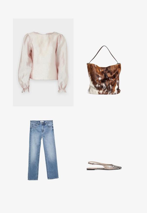 Tričko s krátkym rukávom z trblietavého svetloružového materiálu, s okrúhlym výstrihom, nafúknutými rukávmi a zberanými manžetami so šnúrkami.; Rovné modré denimové džínsy s vyblednutým umývaním, piatimi vreckami a klasickým zapínaním na gombíky. Bavlnený materiál s viditeľným šitím.; Ploché sandále so šnúrkou, ktoré majú hadí vzor v odtieňoch béžovej a čiernej, s špicatou špičkou a tenkým remienkom okolo členka.; Hnedo-biela kožušinová kabelka s jemnou textúrou, s otvoreným vrchom a jedným tmavohnedým popruhom. Dizajn je mierne vlnitý na vrchu.
