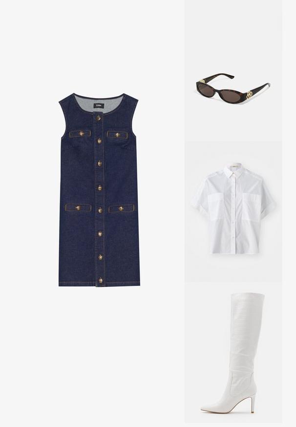 White short-sleeve shirt made of lightweight fabric, featuring a button-down collar and two chest pockets. Smooth texture with a tailored fit.; Denim dress with a sleeveless design, dark blue color, front button closure, and two pockets. Gold-tone button details and topstitching accents.; RAID TRIBUTE - High heeled boots - white; Tortoiseshell sunglasses with elongated oval lenses, brown tint, gold logo accents on temples, and sleek black arms.; Gold-tone twisted rings stacked together, featuring a textured design with smooth and curved edges, creating an organic, flowing appearance.