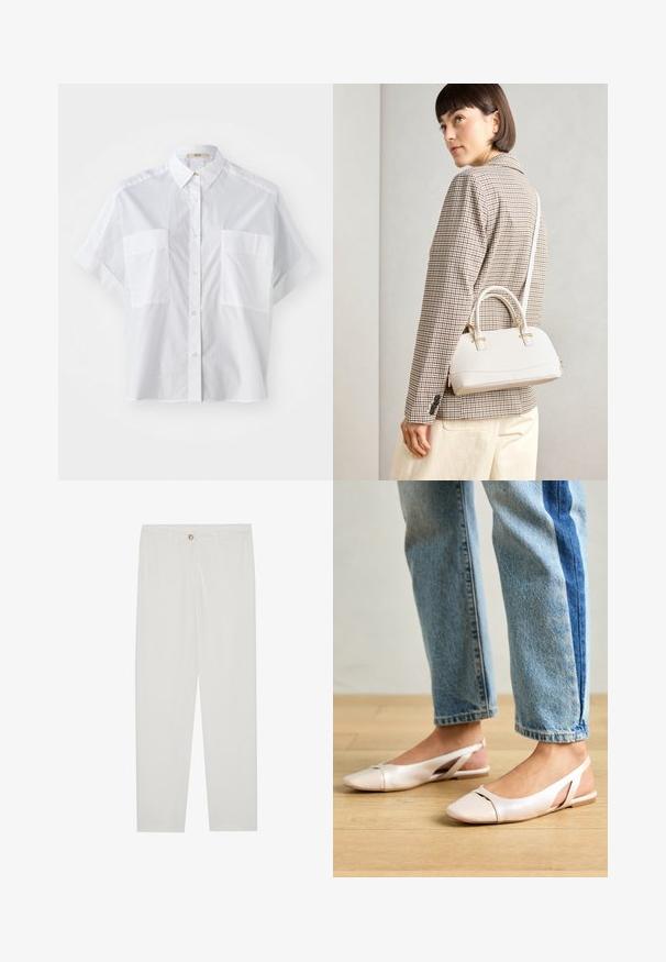 Camicia bianca a maniche corte realizzata in tessuto leggero, con colletto button-down e due tasche sul petto. Texture liscia e vestibilità aderente.; Pantaloni bianchi su misura con design a gamba dritta, dotati di chiusura a bottone, passanti per cintura e tasche laterali; tessuto morbido.; Ballerine slingback rosa pallido con punta affusolata, realizzate in un materiale simile alla pelle liscio. Presentano dettagli a taglio sui lati e un tacco piatto.; Borsa a mano bianca strutturata con manici corti e tracolla, dotata di dettagli in metallo dorato e materiale testurizzato, esposta su uno sfondo grigio.