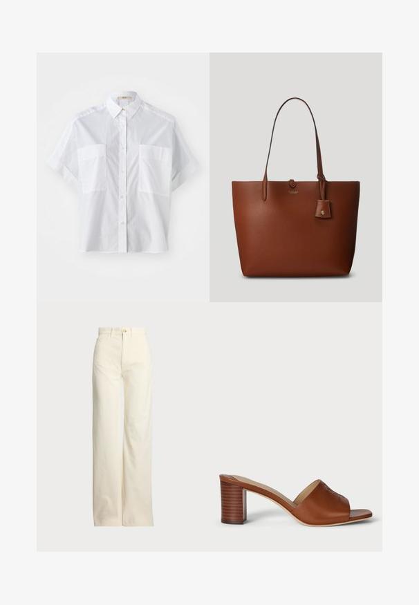 Camicia bianca a maniche corte realizzata in tessuto leggero, con colletto button-down e due tasche sul petto. Texture liscia e vestibilità aderente.; Polo Ralph Lauren COTTON CORDUROY WIDE-LEG PANT - Pantaloni - warm white; Mule in pelle marrone con tacco, con punta ampia e aperta, upper curvo e tacco cilindrico impilato caratterizzato da linee orizzontali.; Borsa tote in pelle marrone a granuli con due manici, un piccolo tag attaccato e un logo discreto nella parte anteriore. Texture liscia con forma strutturata.