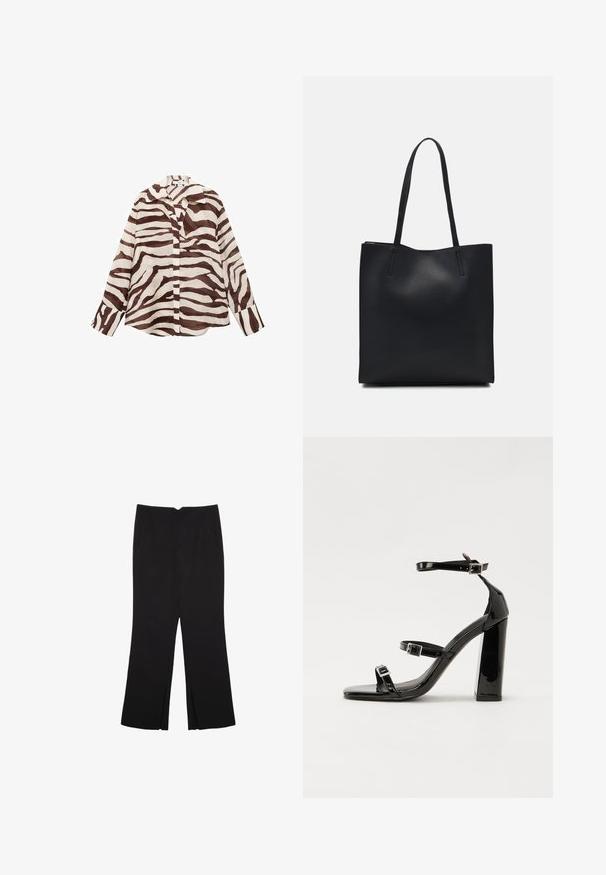 Bruin en crèmekleurig gestreept shirt met een ontspannen pasvorm, lange mouwen, kraag en knoopsluiting aan de voorkant. Gemaakt van lichte, gestructureerde stof.; Zwarte broek met een rechte pasvorm, voorzien van zijzakken en plooien aan de onderzijde. Gemaakt van zachte, gladde stof. Geschikt voor verschillende gelegenheden.; Zwarte gepatenteerde sandalen met hak en een vierkante neus, enkelbandjes en zilveren gespen. Heeft een stevige blokhak voor stabiliteit.; Zwarte leren handtas met een gladde textuur, rechthoekige vorm en twee lange handvaten. Geen zichtbare hardware of versieringen.
