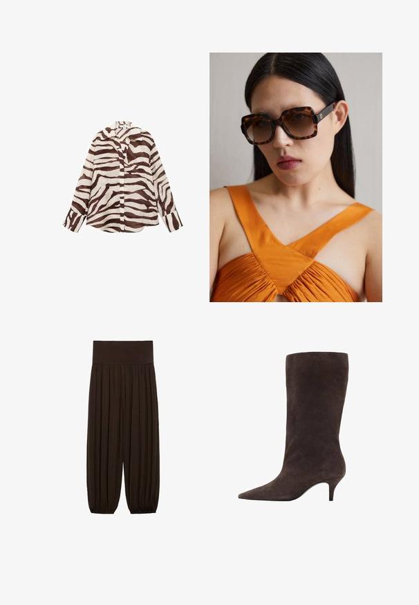 Bruin en crèmekleurig gestreept shirt met een ontspannen pasvorm, lange mouwen, kraag en knoopsluiting aan de voorkant. Gemaakt van lichte, gestructureerde stof.; Bruine geplooide broek met een brede, elastische tailleband. De stof is lichtgewicht en gestructureerd, met gatherse randen bij de boorden.; Bruine suède kniehoogte laars met een spitse neus en een mid-hoge hak, met een gladde textuur en een slank ontwerp.; Bruine schildpadoversized zonnebril met een brede rechthoekige rand en gradient lenzen. Gouden logo-detail aan de zijkant.; Bruine suède schoudertas met een driehoekig ontwerp, verlengde schouderbanden en een grote open bovenkant met een uitgesneden handgreep detail.