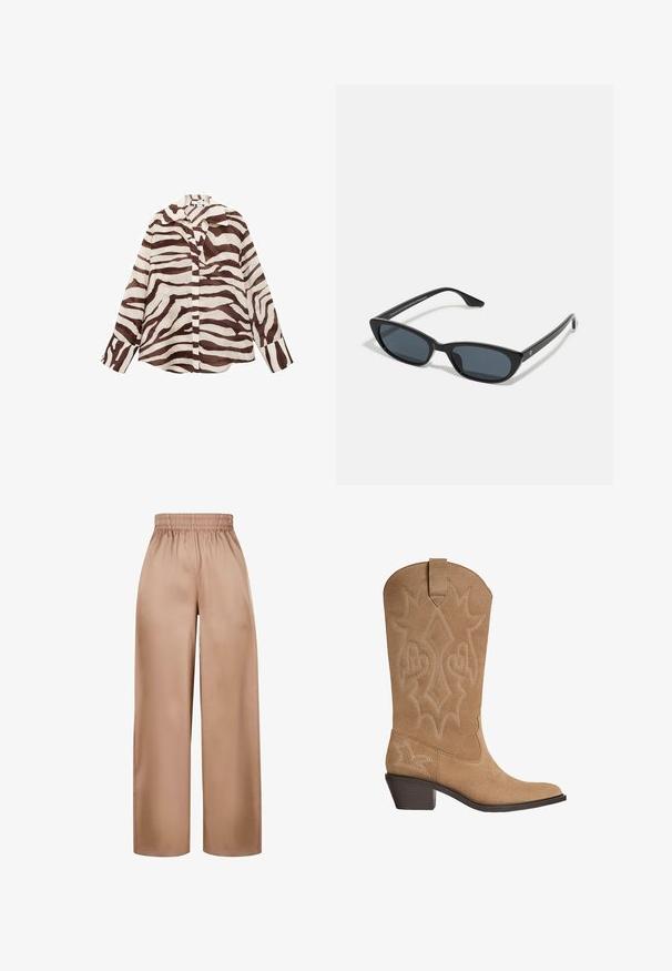 Camicia a righe marroni e crema con vestibilità comoda, maniche lunghe, colletto e chiusura con bottoni davanti. Realizzata in tessuto leggero e strutturato.; Pantaloni a gamba larga, di colore marrone chiaro, realizzati in tessuto morbido con una cintura elastica, caratterizzati da un design semplice e senza ulteriori adornamenti.; Stivale da cowboy in suede color beige con ricami decorativi, tacco medio impilato e linguetta sulla gamba.; Occhiali da sole cat-eye neri con lenti scure, montatura in plastica, stanghette sottili e una leggera marca sulla parte interna del braccio. Finitura opaca.; Borsa a spalla in suede marrone con manico curvo, texture morbida e chiusura con zip superiore. Nessuna cerniera o motivo visibile.