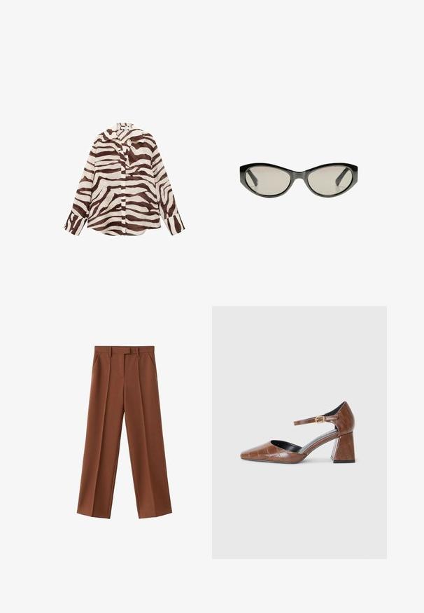 Cămașă cu dungi maro și crem, cu un croi lejer, mâneci lungi, guler și închidere cu nasturi. Fabricată dintr-un material ușor, texturat.; Pantaloni largi, maro, cu pliuri în față, realizați dintr-un material texturat, având buzunare laterale și un tiv cu bucle pentru curea.; Pantofii din piele lăcuită maro cu vârful pătrat, model texturat de crocodil, curea pentru gleznă cu cataramă aurie și toc gros.; Ochelari de soare negri cu lentile de culoare gri. Rama din plastic are margini ascuțite și o finisare netedă, lucioasă.
