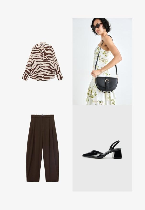 Camisa de rayas marrón y crema con un corte relajado, mangas largas, cuello y cierre de botones en la parte delantera. Fabricada con una tela ligera y texturada.; Pantalones de talle alto marrones con pliegues, hechos de tela suave. Corte holgado, diseño de pierna recta, con lazos para cinturón y cremallera.; Zapatos de tacón slingback de charol negro con punta afilada y tacón geométrico en bloque. Presentan un diseño elegante y minimalista, así como una textura suave.; Bolso de piel negra con forma curva, correa desmontable y herrajes dorados. El bolso cuenta con una solapa con un detalle de hebilla.