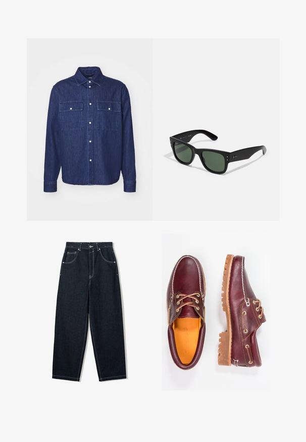 Temno modra srajca iz denima z ovratnikom na gumb, dvema žepoma na prsih in dolgimi rokavi. Ima bele gumbe in rahlo teksturo.; Bela bombažna majica s krojem okoli vratu, kratkimi rokavi in sproščenim fitom. Nalepka označuje "URBAN CLASSICS." Gladek način, brez vzorcev ali dodatkov.; Široke temno jeans hlače z belo kontrastno šivanko, petimi žepi in gumbom za zapiranje. Imajo visok pas.; Burgundske usnjene čevlje z rjavimi gumijastimi podplati, okrogla kapica, beli šivi in zlate luknje za vezalke. Notranjost je obložena s rumeno podlogo.; Črne pravokotne sončna očala z zelenimi lečami, mat površino, subtilnimi kovinskimi detajli in embosiranim logotipom na drsniku.