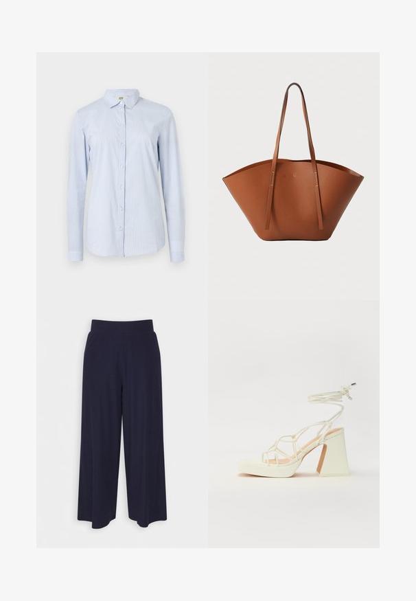 Modra in bela črtasta srajca z dolgimi rokavi iz lahkega bombaža. Ima ovratnik, sprednje gumbe in prilegajoč silhueto z manšetami na rokavih.; Široke hlače iz temno modrega blaga z rebrasto teksturo. Imajo gladek pas in tekoč silhueto, ki seže do sredine tele.; Bela sandala na visokih petah s debelim petam, ki ima obliko trakcev in vezanje okoli gležnja. Gladka tekstura z platformo spredaj za dodatno višino.; Rjava usnjena torba tote z široko, strukturirano obliko, tankimi ročaji in teksturirano površino. Opremljena je z minimalističnim oblikovanjem brez vidne opreme.