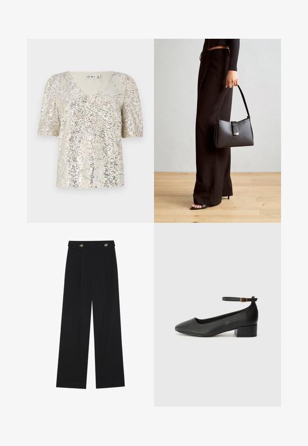 ICHI FAUCA - Bluse - frosted almond; Svart vide bukser med høy midje, knappdetaljer på midjebåndet og frontplisser.; Sorte skinnpumper med spiss tå og lav blokkhelt. Har ankelrem med gullfarget spenne. Glatt tekstur.; Svart håndveske med strukturert form, jevn tekstur og metallisk lås. Kombinert med brede svarte bukser og sandaler med åpen tå på tregulv.