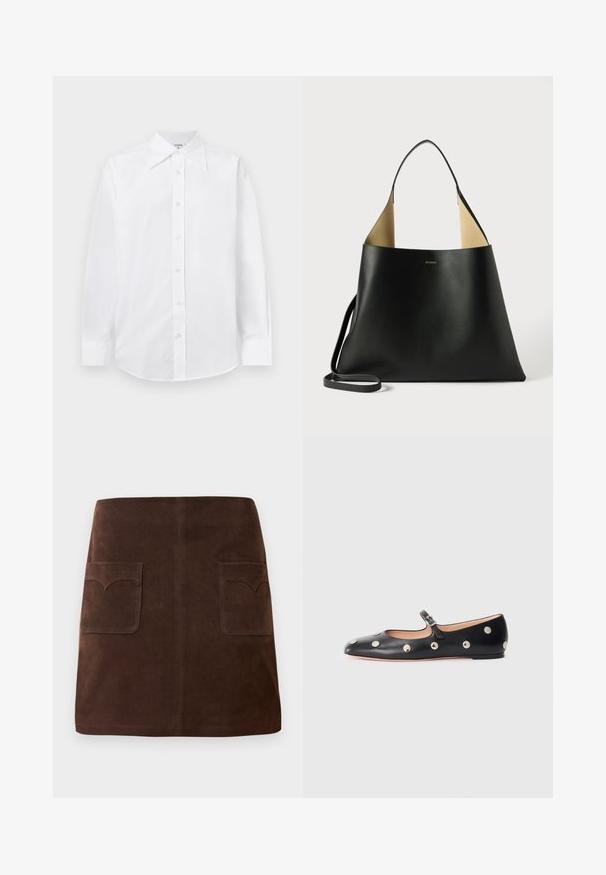 Biela priliehavá košeľa s dlhými rukávmi, klasickým špicatým golierom a zapínaním na gombíky. Vyrobená z hladkej, ľahkej látky.; Hnedá semišová sukňa s klasickým A-silhouette, dvoma prednými vreckami so zaoblenými klapkami a jemnými detailmi prešitia.; Čierne kožené baleríny typu Mary Jane s okrúhlou špičkou, so striebornými kruhovými cvokmi a nastaviteľným remienkom so sponou.; Čierna kožená taška s priestranným a ostrým dizajnom. Obsahuje kontrastné béžové vnútro a tenký ramenný popruh. Minimalistické logo.
