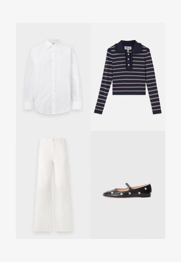 Camicia bianca aderente con maniche lunghe, colletto a punta classico e chiusura frontale con bottoni. Realizzata in tessuto leggero e morbido.; Camicia a maniche lunghe blu marina con strisce orizzontali rosa, colletto arricciato e placca con tre bottoni sul fronte; realizzata in un materiale morbido e elasticizzato.; Jeans bianchi a vita alta e gamba larga realizzati in denim. Presentano una chiusura con bottone, due tasche anteriori e cuciture decorative nei lati.; Scarpa flat nera in pelle tipo Mary Jane con punta arrotondata, caratterizzata da borchie circolari argentate e una fascia regolabile con fibbia.