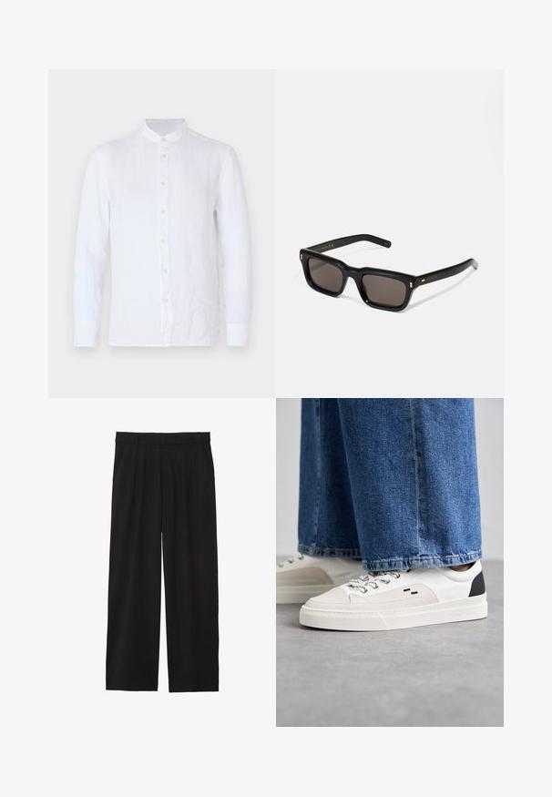 Fehér, hosszú ujjú ing, amely könnyű lenből készült, mandarin gallérral, elöl gombos záródással és puha, texturált felszínnel rendelkezik.; Fekete, bőszárú nadrág, pliszírozott elülső résszel, oldalsó zsebekkel és sima szövettextúrával. Lazább, kényelmes szabású.; Fehér és fekete sportcipők sima bőrből készült felsőrésszel, texturált díszítésekkel és vastag fehér talppal. Klasszikus fűzős kivitel jellemzi.; Fekete téglalap alakú napszemüveg sötét lencsékkel, vastag műanyag keret, arany díszítések a szárakon, és a márka logója gravírozva a szára.; Ezüst rozsdamentes acél kvarcóra fekete, téglalap alakú számlappal, analóg mutatókkal, digitális kijelzővel és vízállósági jelöléssel.