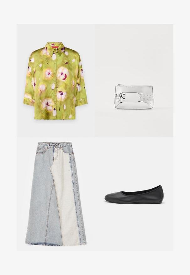 MAX&Co. BEMBO - Gombos blúz - green; Farmernadrág szoknya foltos mintázattal, világos és közép kék színű részekkel, rojtos szegéllyel és magas derékkal. Klasszikus öt zsebes stílus.; Fekete bőr balettcipő lekerekített orral, sima tekstúrával, minimális varrással és rugalmas talp kialakítással.; Ezüst színű fémes clutch táska sima textúrával, téglalap alakú, cipzáras záródással és két díszítő pánttal az elején.