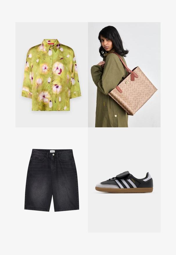 MAX&Co. BEMBO zielony; Czarne szorty dżinsowe o klasycznym kroju. Posiadają pięć kieszeni, zapięcie na guziki z przodu oraz detale w postaci przeszyć. Gładka faktura i prosty krój.; Czarne skórzane i szare zamszowe sneakersy z białymi paskami, gumową podeszwą, sznurowanym przodem oraz rzepem. Charakteryzują się złotym logo "Samba".; Brązowa torba tote w wzory z skórzanymi akcentami i uchwytami. Torba ma zamek błyskawiczny i jest noszona na zielonej kurtce.