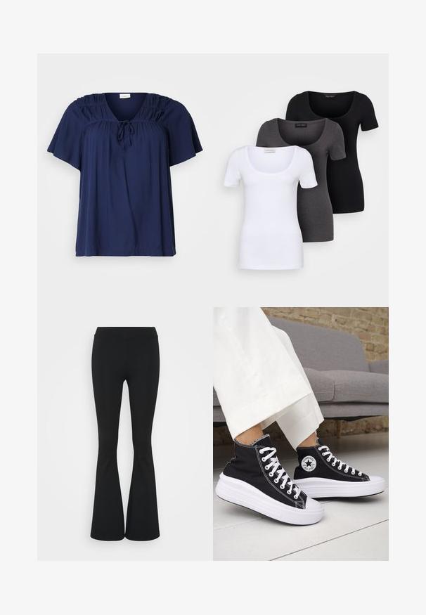 Tamsiai mėlynas trumpomis rankovėmis viršus, pagamintas iš minkštos medžiagos, su raukšlėmis peties srityje ir kaklo juostele, leisiančia reguliuoti dydį.; Trys priderinti marškiniai: balti, pilki ir juodi. Kiekvienas turi plačią apvalią iškirptę ir trumpas rankoves. Pagaminti iš lygaus, tamprių audinio.; Juodai platėjantys kelnių, pagamintų iš tamprių medžiagų, kurie turi aukštą juosmenį ir lygią tekstūrą. Kelnės platėja nuo kelio.; Juodi aukštakulniai sportbačiai su baltais guminiu padu ir raišteliais. Ant jų yra apvalus logotipo lopas ir kontrastingos baltos siūlės. Pagaminti iš drobės medžiagos.