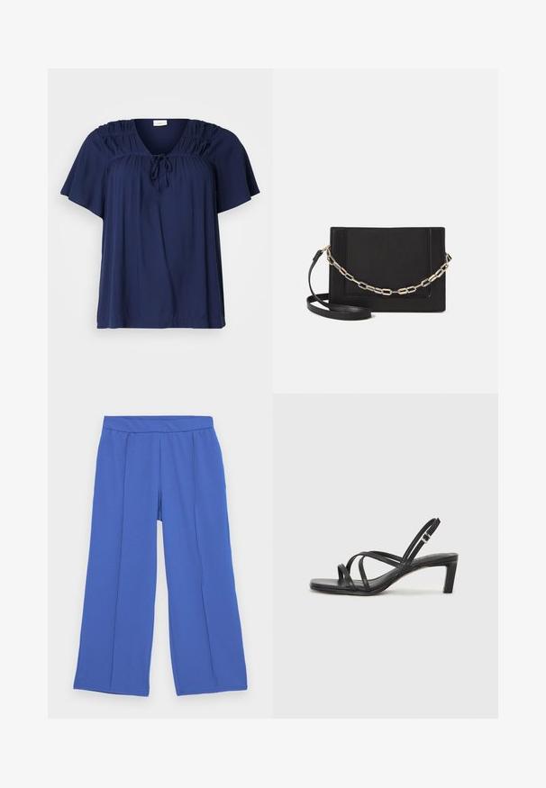 Námornícky modré tričko s krátkym rukávom z jemnej látky, s plisovanými detailmi na ramenách a s viazaním pri výstrihu na nastaviteľné nosenie.; Široké nohavice vyrobené z jemnej, elastickej látky v jasnej modrej farbe. Obsahujú plochý pás a dva predné záhyby pre zvýraznenie dizajnu.; Čierne sandále na vysokom podpätku so štvorcovou špičkou a nízkym blokovým podpätkom. Obsahujú viacero tenkých popruhov a nastaviteľný členkový popruh. Vyrobené z hladkej kože.; Čierna kožená crossbody taška s hladkou textúrou, obdĺžnikovým tvarom a kovovým reťazovým detailom na prednej strane. Súčasťou je nastaviteľný popruh.; Strieborný prsteň s dvojitým pásikom s hladkým, lesklým povrchom. Má plynulý, zakrivený dizajn s prekryvajúcimi sa časťami pre moderný vzhľad.