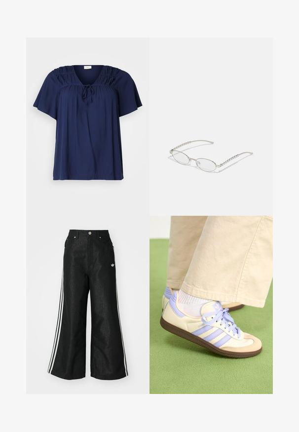 Sötétkék, rövid ujjú top, puha anyagból, vállain redők részletezéssel és a nyakrészen megkötővel, amely lehetővé teszi a változtatható illeszkedést.; Fekete, bő szárú farmernadrág, mindkét oldalon három fehér csík díszítéssel és egy kis fehér logóval. Elölzsebekkel és gombos záródással rendelkezik.; Krém és levendula színű sportcipők három csíkkal és texturált barna talppal, fűzőkkel és párnázott sarokkal. Puha anyagú felsőrész.; Ovális szemüveg fém ezüst kerettel, átlátszó lencsékkel és texturált gyöngyös szárakkal. Könnyű kialakítás ívelt karokkal.