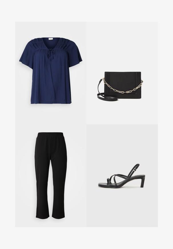 Bluză scurtă de culoare albastru închis, dintr-un material moale, cu detalii plisemate la umeri și o kravată la gât pentru ajustarea potrivirii.; ONLY Carmakoma CARLAMA STRAIGHT - Pantaloni - black; Sandal cu barete negre, cu vârf pătrat și toc mic de bloc. Prezintă mai multe barete subțiri și o bareta ajustabilă la gleznă. Fabricat din piele netedă.; Geantă de umăr din piele neagră, cu o textură netedă, formă rectangulară și un detaliu din lanț metalic în față. Include curea reglabilă.