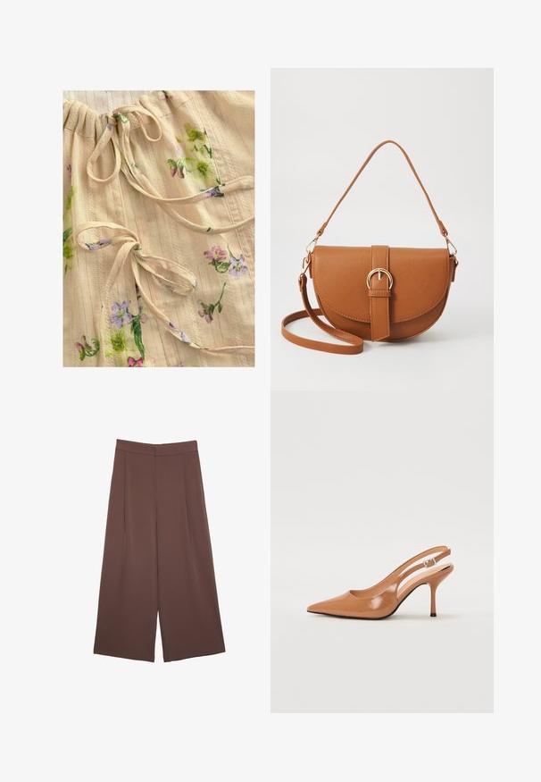 Top in tessuto beige con stampa floreale in viola e verde. Presenta un collo arricciato con lacci e sottili righe testurizzate. Leggero e morbido.; Pantaloni ampi marroni con una texture liscia, caratterizzati da una vita alta e pieghe frontali. Il tessuto è leggero e scorre liberamente.; Tacco slingback a punta affusolata in un materiale tan liscio e lucido. Presenta un design con ritaglio curvo e un sottile tacco a stiletto. Dettaglio con fibbia argentata.; Borsa a tracolla in pelle marrone con forma curvata, hardware dorato e un dettaglio con fibbia. Presenta una tracolla rimovibile.
