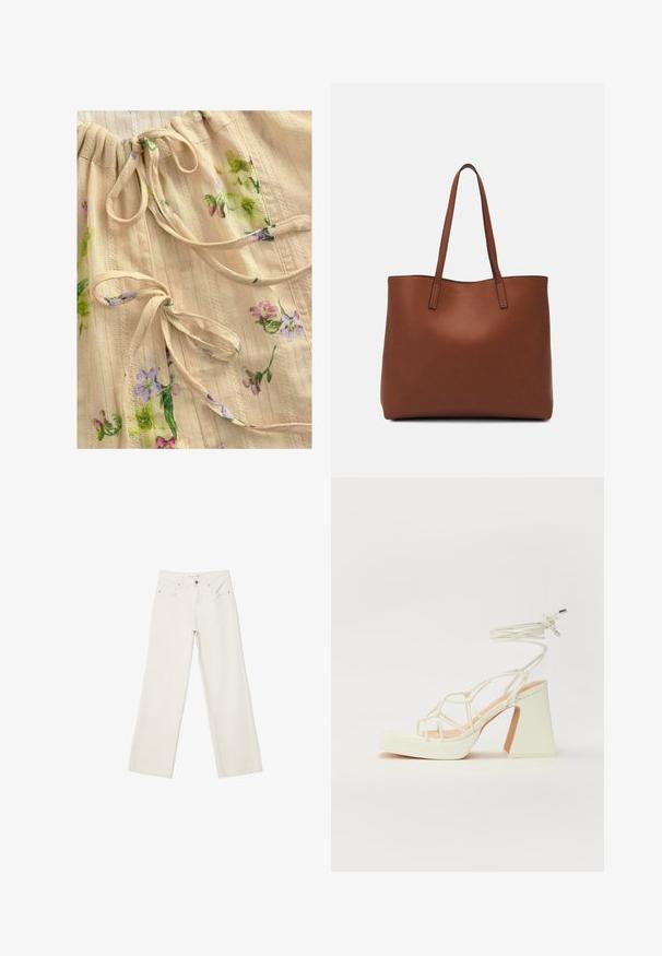 Beige stoftop med blomsterprint i lilla og grøn. Har en samlet halsudskæring med bindebånd og subtile strukturerede striber. Let og blød.; Hvide brede bukser lavet af denim, med høj talje, frontlommer og knaplukning. Renset design med minimale accenter.; Hvide højhælede sandaler med en kraftig hæl, der har et stropdesign og ankelbinding. Glat tekstur med en platform foran for ekstra højde.; Brun læder tote taske med en glat overflade, åben topdesign og to skulderremme. Har minimal syning og ingen synlig hardware.