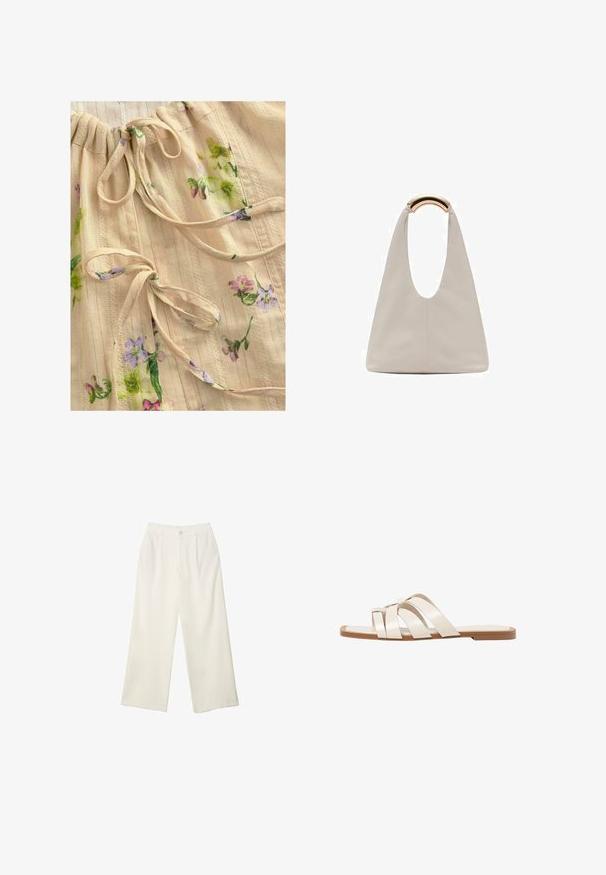 Beżowa bluzka z tkaniny w kwiatowy wzór w odcieniach fioletu i zieleni. Posiada marszczony dekolt z trokami oraz subtelne teksturowane paski. Lekka i miękka.; Spodnie z szerokimi nogawkami w kremowej tkaninie o gładkiej fakturze, z pojedynczym guzikiem z przodu, subtelnymi plisami i wysokim stanem.; Płaskie sandały z brązową gumową podeszwą, zaprojektowane z trzema nakładającymi się na siebie białymi skórzanymi paskami i małym detalem w postaci kokardy na środku.; Jasnoszara skórzana torba o kształcie litery U z zakrzywionym metalowym uchwytem. Gładka tekstura z minimalnymi szwami i bez widocznych wzorów.