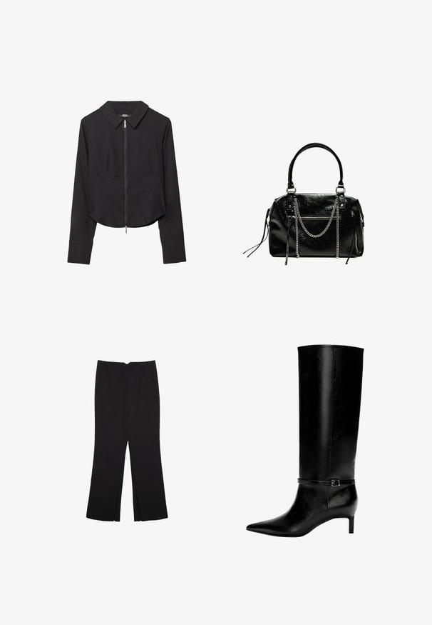 Giacca nera croppata con colletto, chiusura frontale con zip, maniche lunghe e texture liscia. Design semplice senza motivi o accenti visibili.; Pantaloni neri a gamba dritta, con tasche frontali e spacchi laterali all'orlo. Realizzati in tessuto morbido e liscio. Adatti a diverse occasioni.; Stivale in pelle nera alto fino al ginocchio con punta appuntita e tacco basso. Presenta una cinghia sottile con una fibbia metallica attorno alla caviglia. Texture liscia.; Bershka WITH CHAIN - Borsa a mano - black